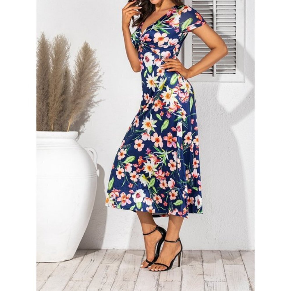 Women Floral V-neck Midi Dresses Casual Summer Beach Twist Boho Flared Dresses